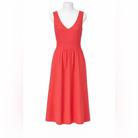 Joie 100% Linen Red Coral Midi Dress V-Neck Sleeveless Smocked Waist Pocket Sz 6 - Picture 1 of 11